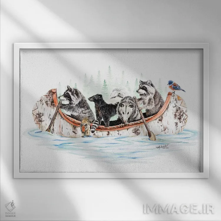 تابلو دکوراتیو قایق حیوانات کوچک اثر هالی سیمنتال - نمای قابدار سفید