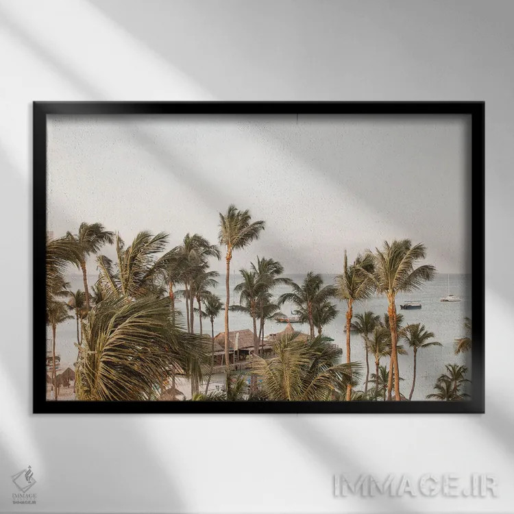تابلو دکوراتیو ساحل نخل آروبا اثر هنریکه شنک - نمای قابدار مشکی