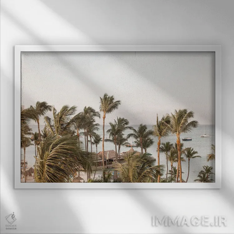 تابلو دکوراتیو ساحل نخل آروبا اثر هنریکه شنک - نمای قابدار سفید