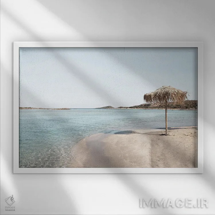 تابلو دکوراتیو چتر ساحلی در یونان اثر هنریکه شنک - نمای قابدار سفید