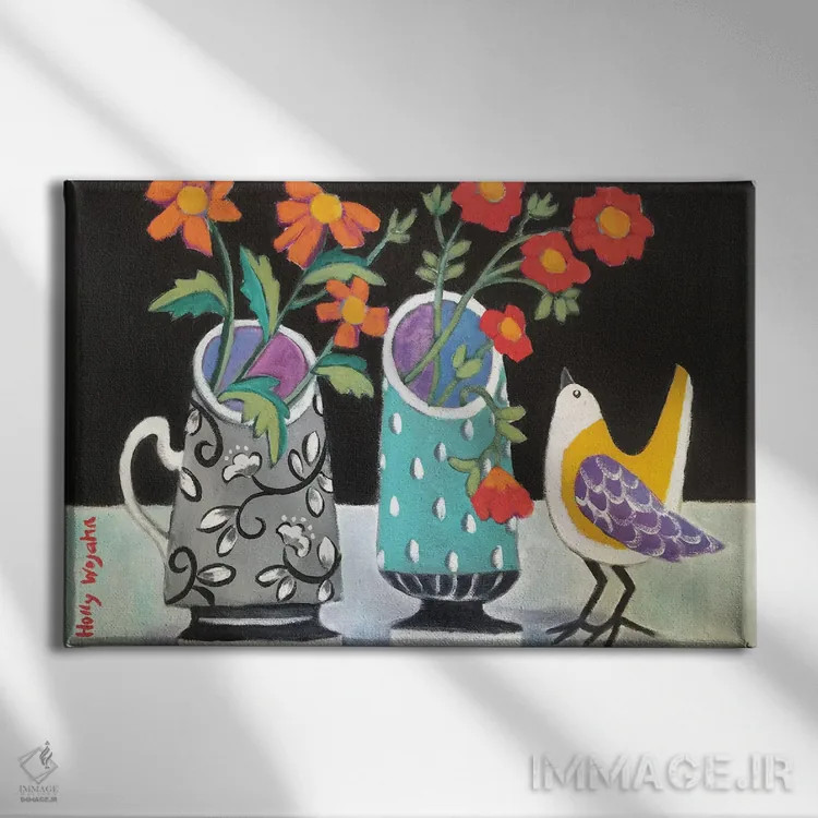 تابلو دکوراتیو دو گلدان شاد و یک جیک جیک اثر هالی وجاهن - نمای روبهرو روی دیوار