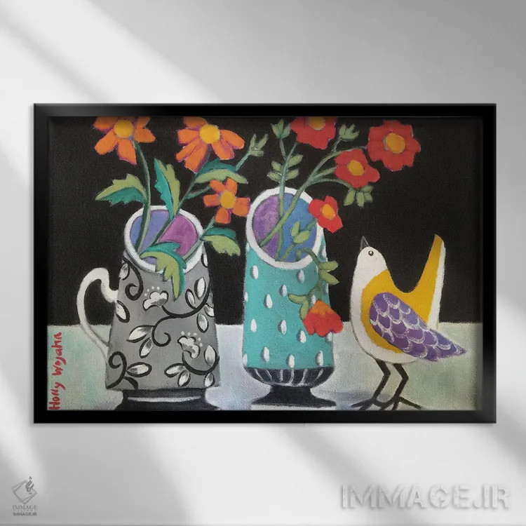 تابلو دکوراتیو دو گلدان شاد و یک جیک جیک اثر هالی وجاهن - نمای قابدار مشکی
