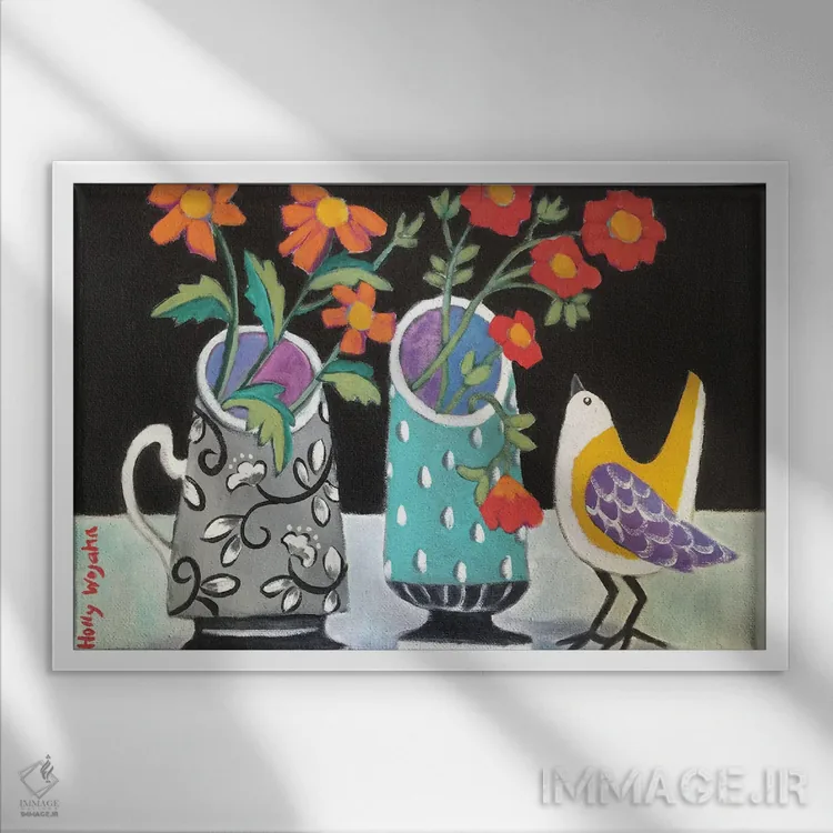 تابلو دکوراتیو دو گلدان شاد و یک جیک جیک اثر هالی وجاهن - نمای قابدار سفید
