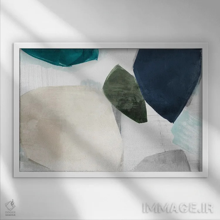 تابلو مینیمال اشکال لکه های آبی یک اثر هیزل جی - نمای قابدار سفید