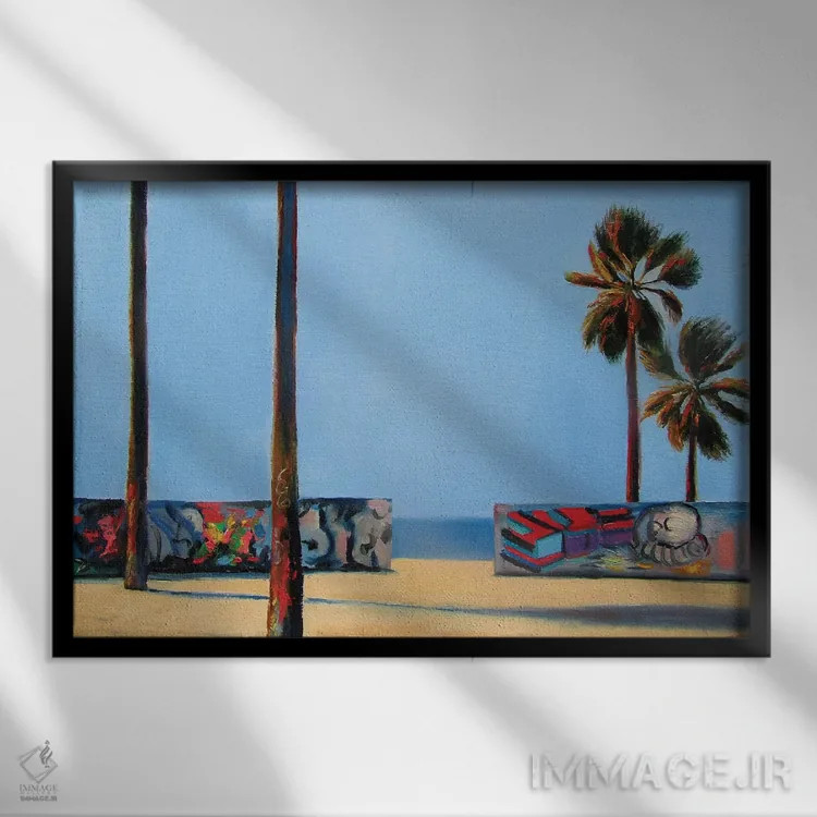 تابلو مدرن دیواری با گرافیتی و اقیانوس اثر ایوا باکلانه - نمای قابدار مشکی