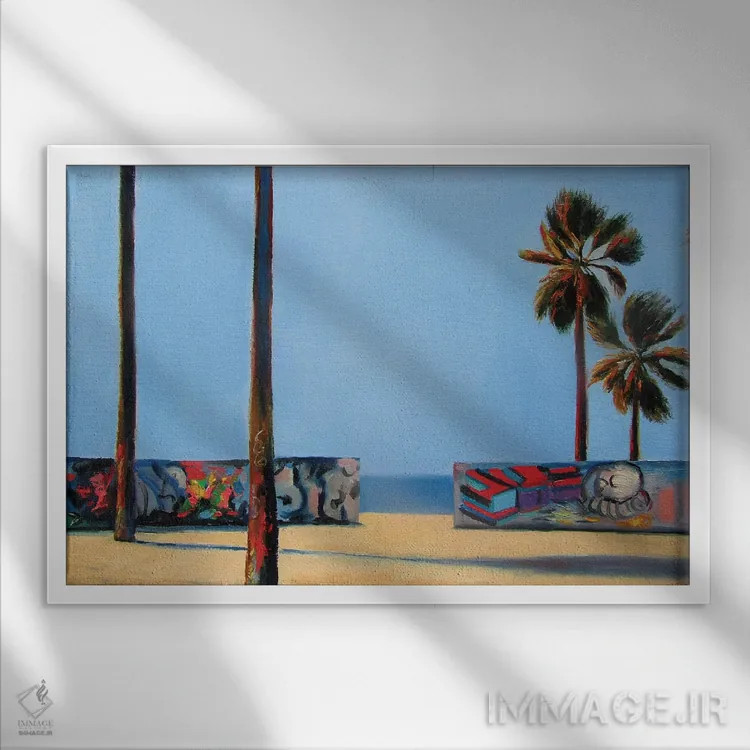 تابلو مدرن دیواری با گرافیتی و اقیانوس اثر ایوا باکلانه - نمای قابدار سفید