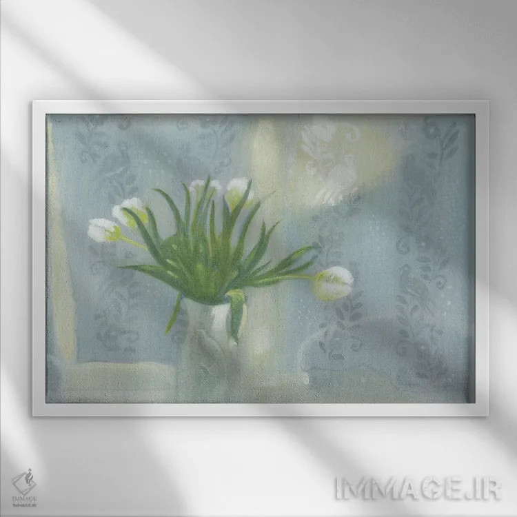 تابلو دکوراتیو لاله های سفید روی زمینه سفید اثر ایان بک - نمای قابدار سفید