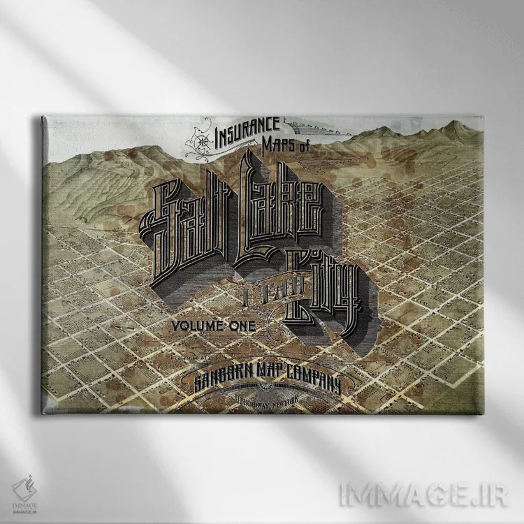 تابلو دکوراتیو Utah Map,نقشه قدیمی شهر سالت لیک، یوتا اثر فایو بای فایو کالکتیو - نمای روبهرو روی دیوار