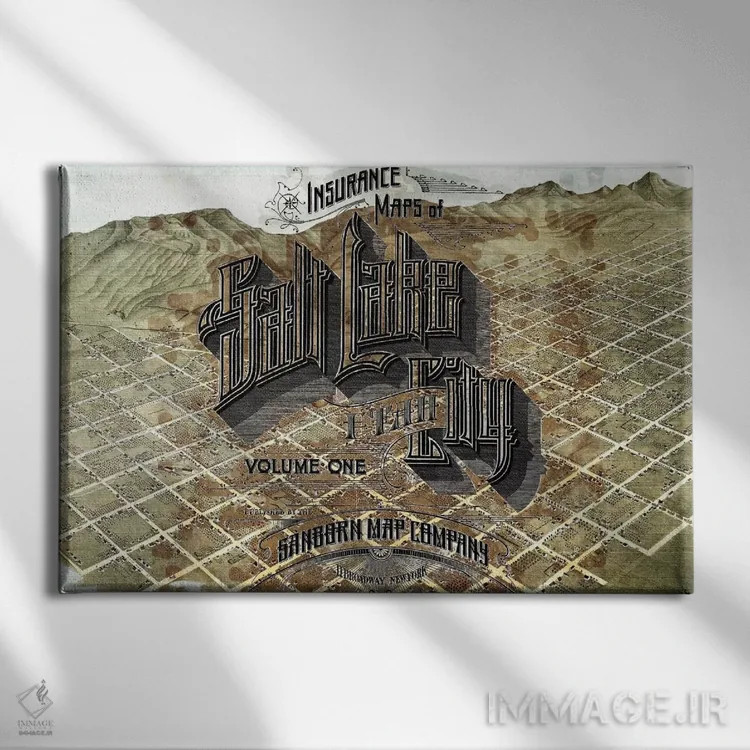 تابلو دکوراتیو Utah Map,نقشه قدیمی شهر سالت لیک، یوتا اثر فایو بای فایو کالکتیو - نمای روبهرو روی دیوار