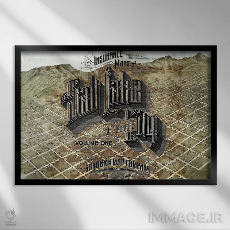 تابلو دکوراتیو Utah Map,نقشه قدیمی شهر سالت لیک، یوتا اثر فایو بای فایو کالکتیو - نمای قابدار مشکی