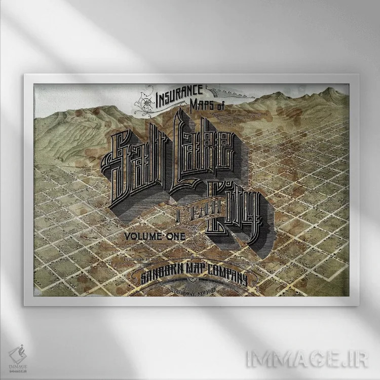 تابلو دکوراتیو Utah Map,نقشه قدیمی شهر سالت لیک، یوتا اثر فایو بای فایو کالکتیو - نمای قابدار سفید