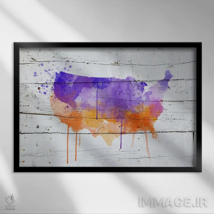 تابلو انتزاعی نقشه آبرنگی چوبی آمریکا اثر فایو بای فایو کالکتیو - نمای قابدار مشکی