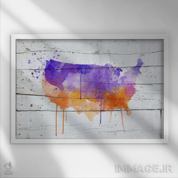 تابلو انتزاعی نقشه آبرنگی چوبی آمریکا اثر فایو بای فایو کالکتیو - نمای قابدار سفید