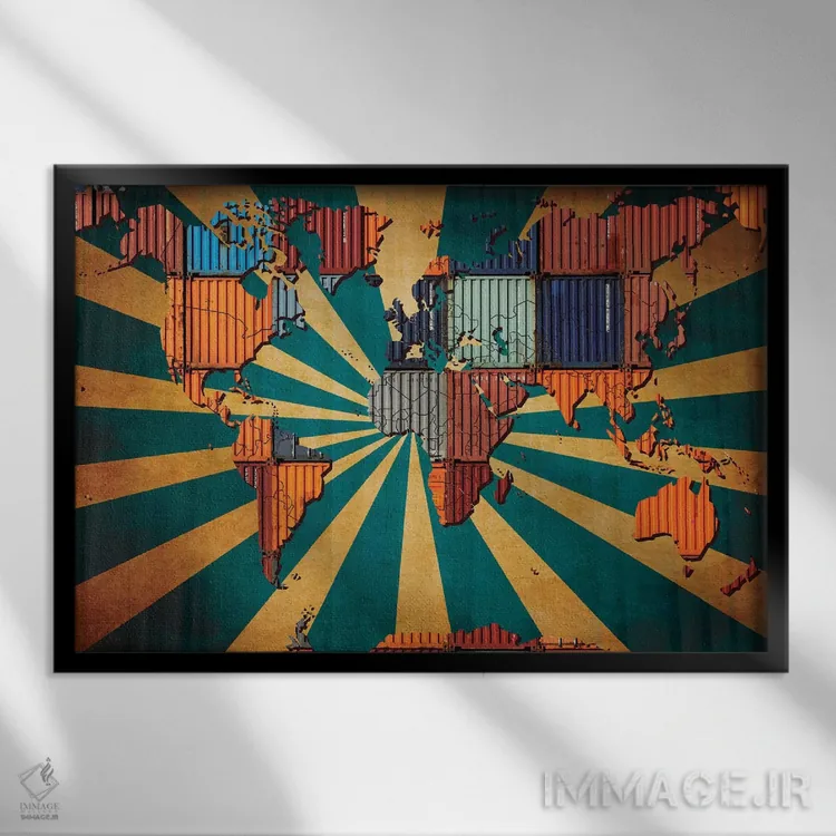 تابلو انتزاعی نقشه جهان کاشی کاری شده آفتاب تابان اثر فایو بای فایو کالکتیو - نمای قابدار مشکی