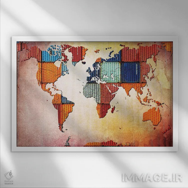 تابلو انتزاعی نقشه جهان کاشی کاری شده اثر فایو بای فایو کالکتیو - نمای قابدار سفید