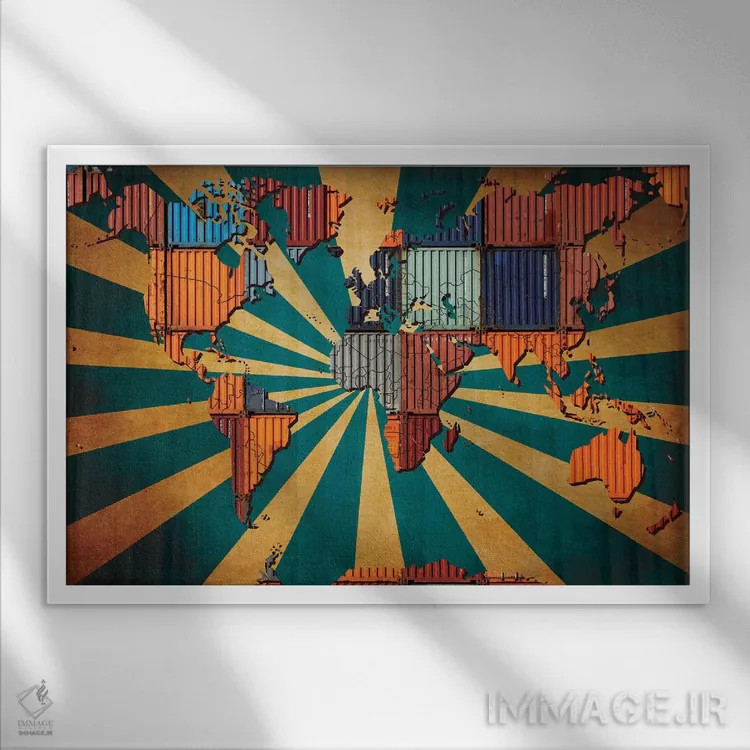 تابلو انتزاعی نقشه جهان کاشی کاری شده آفتاب تابان اثر فایو بای فایو کالکتیو - نمای قابدار سفید