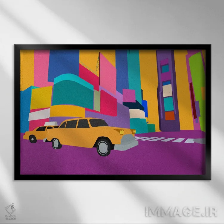 تابلو دکوراتیو تاکسی نیویورک با بلوک نئونی اثر فایو بای فایو کالکتیو - نمای قابدار مشکی