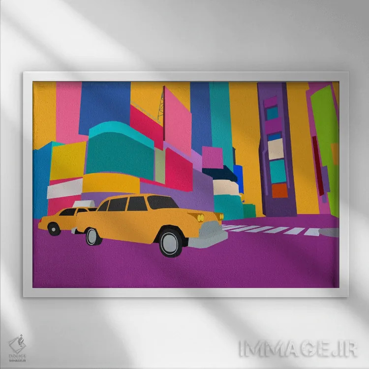 تابلو دکوراتیو تاکسی نیویورک با بلوک نئونی اثر فایو بای فایو کالکتیو - نمای قابدار سفید