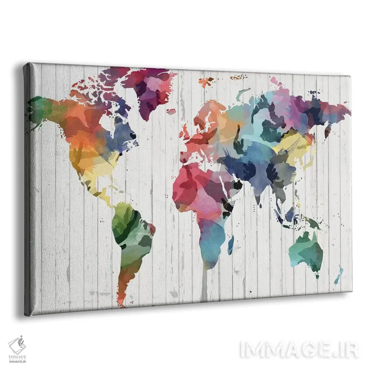 تابلو انتزاعی نقشه جهان آبرنگی چوبی اثر فایو بای فایو کالکتیو - نمای پرسپکتیو محصول