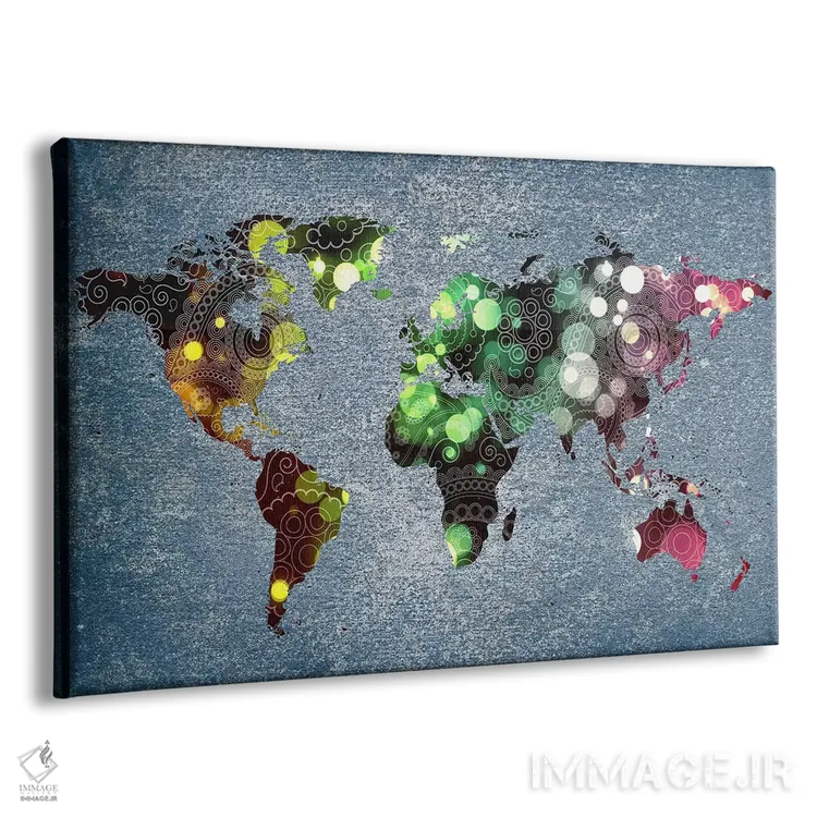 تابلو انتزاعی نقشه جهان با طرح مارپیچ قبیله ای اثر فایو بای فایو کالکتیو - نمای پرسپکتیو محصول