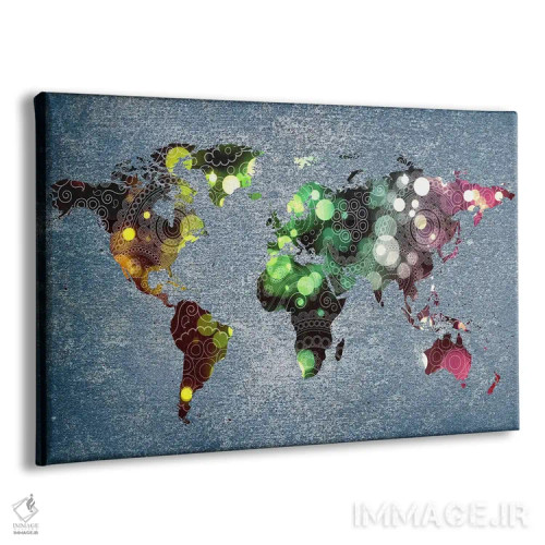 تابلو انتزاعی نقشه جهان با طرح مارپیچ قبیله ای اثر فایو بای فایو کالکتیو - نمای پرسپکتیو محصول
