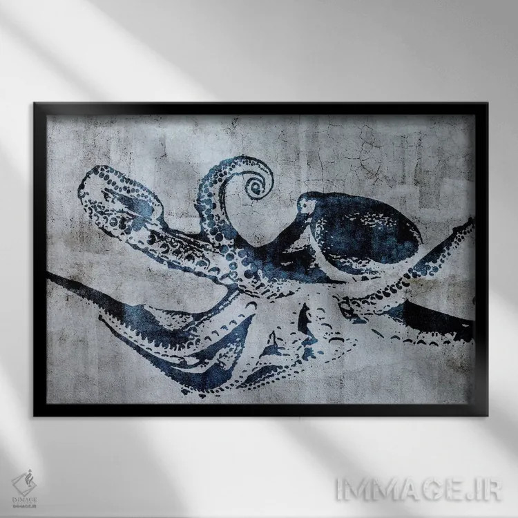 تابلو دکوراتیو هشت پا هنری استنسیل خیابانی اثر فایو بای فایو کالکتیو - نمای قابدار مشکی