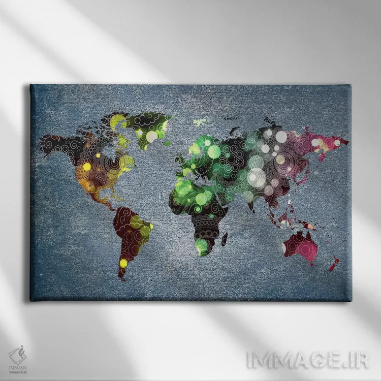 تابلو انتزاعی نقشه جهان با طرح مارپیچ قبیله ای اثر فایو بای فایو کالکتیو - نمای روبهرو روی دیوار