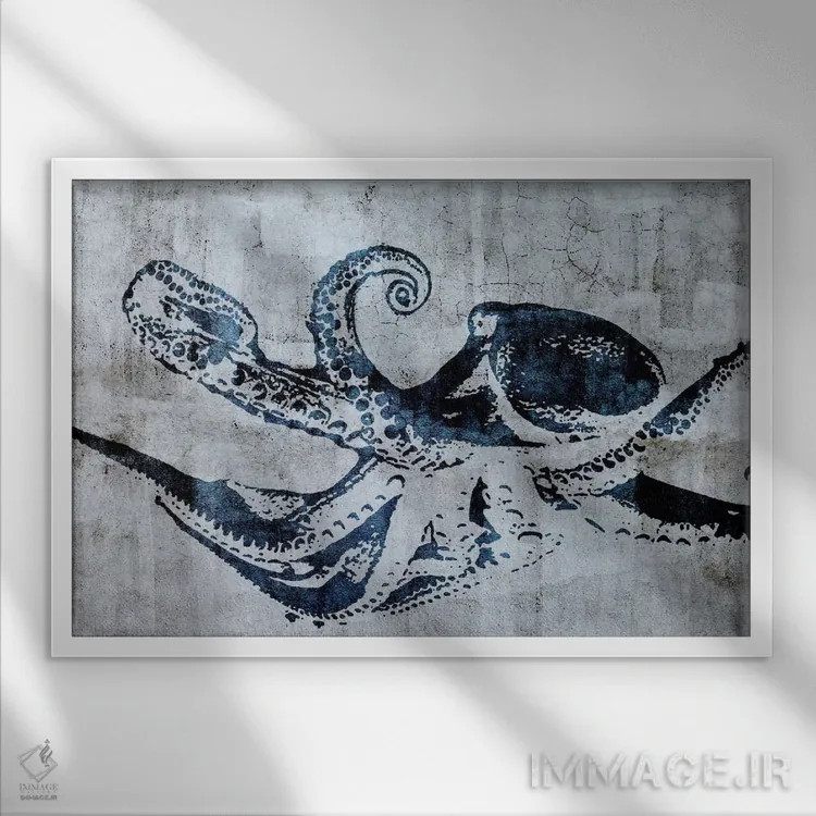 تابلو دکوراتیو هشت پا هنری استنسیل خیابانی اثر فایو بای فایو کالکتیو - نمای قابدار سفید