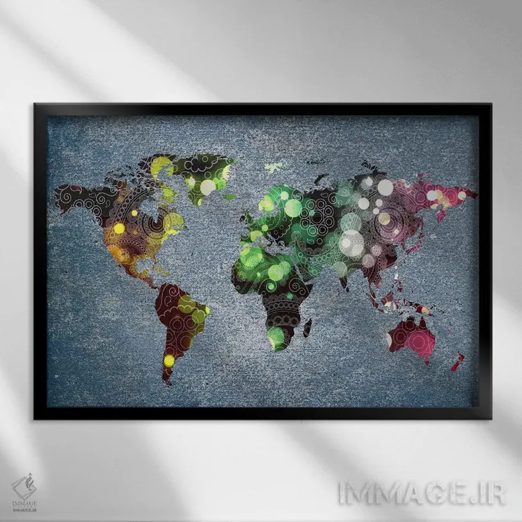 تابلو انتزاعی نقشه جهان با طرح مارپیچ قبیله ای اثر فایو بای فایو کالکتیو - نمای قابدار مشکی