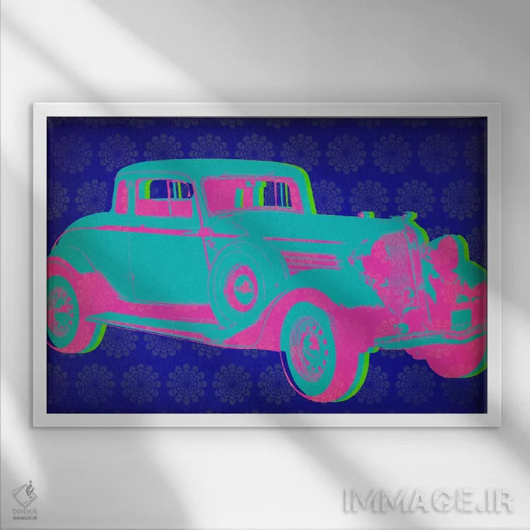 تابلو دکوراتیو پاپ آرت خودروی کلاسیک اثر فایو بای فایو کالکتیو - نمای قابدار سفید
