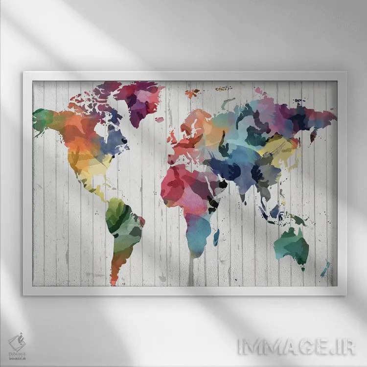 تابلو انتزاعی نقشه جهان آبرنگی چوبی اثر فایو بای فایو کالکتیو - نمای قابدار سفید