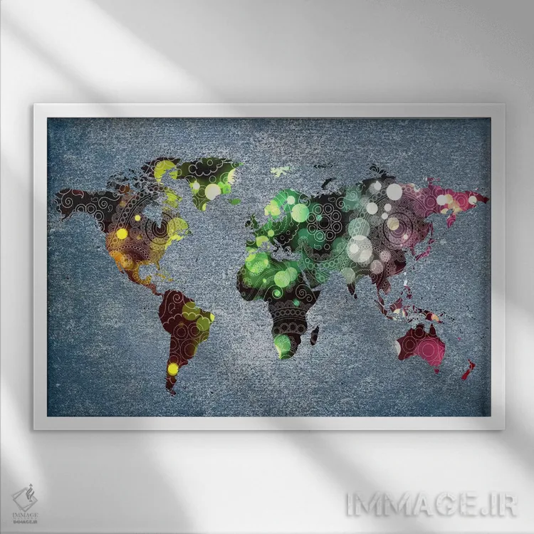 تابلو انتزاعی نقشه جهان با طرح مارپیچ قبیله ای اثر فایو بای فایو کالکتیو - نمای قابدار سفید