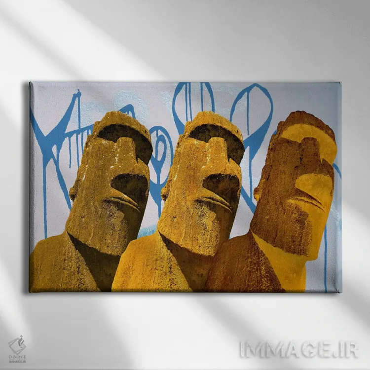 تابلو دکوراتیو هنر گرافیتی مجسمه های موآی اثر فایو بای فایو کالکتیو - نمای روبهرو روی دیوار