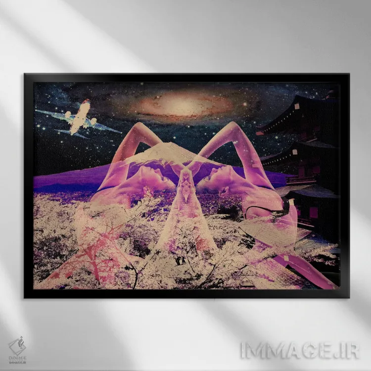 تابلو دکوراتیو یوگا زیر شکوفه ها اثر فایو بای فایو کالکتیو - نمای قابدار مشکی