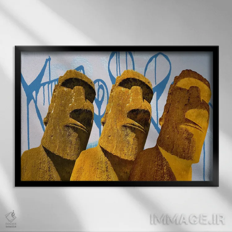 تابلو دکوراتیو هنر گرافیتی مجسمه های موآی اثر فایو بای فایو کالکتیو - نمای قابدار مشکی
