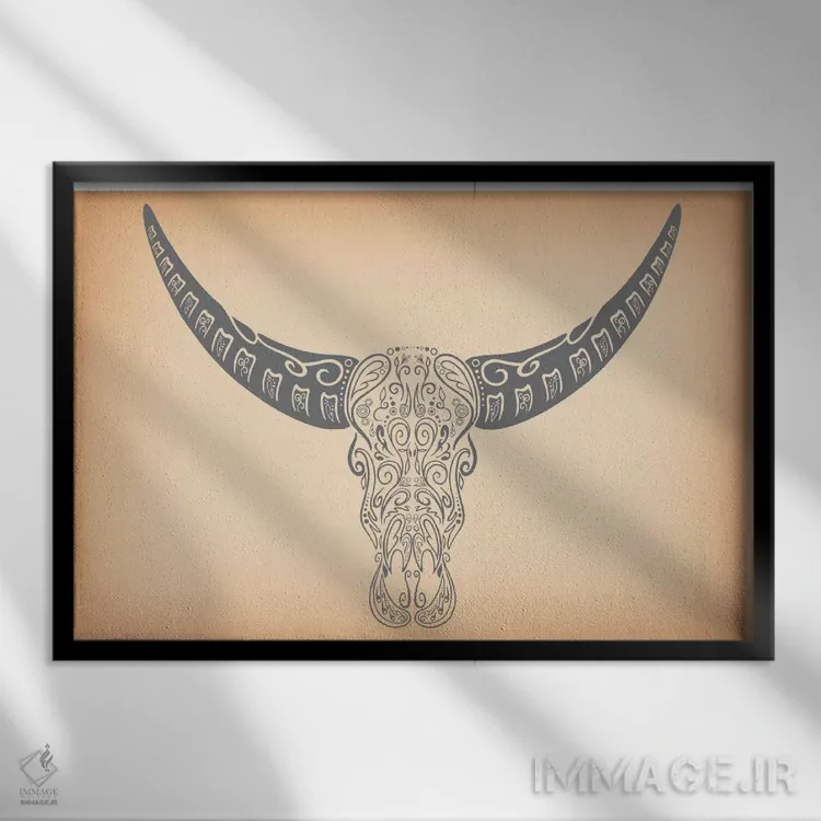 تابلو دکوراتیو جمجمه قندی شاخ بلند اثر فایو بای فایو کالکتیو - نمای قابدار مشکی