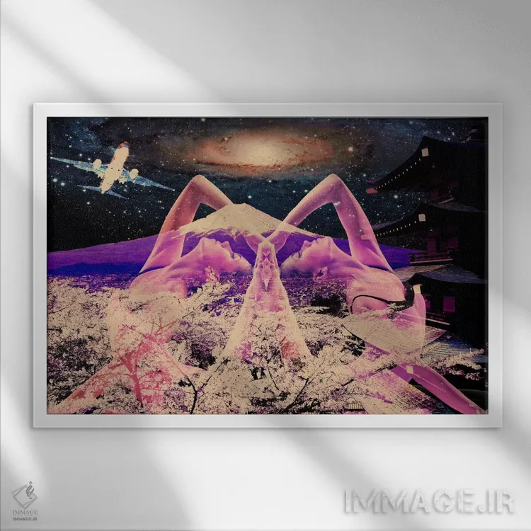 تابلو دکوراتیو یوگا زیر شکوفه ها اثر فایو بای فایو کالکتیو - نمای قابدار سفید