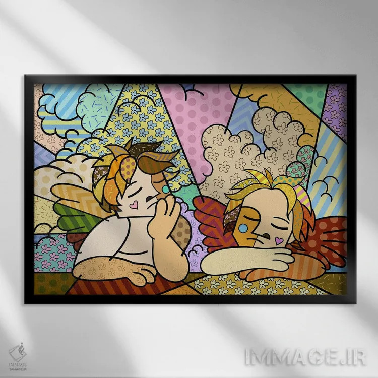 تابلو دکوراتیو دو فرشته ۲ اثر فایو بای فایو کالکتیو - نمای قابدار مشکی