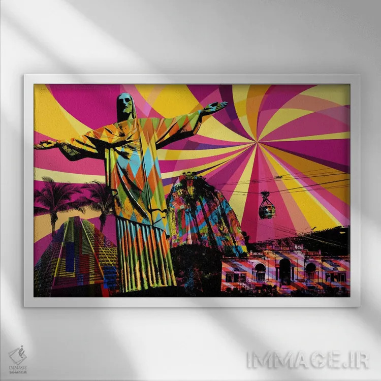 تابلو دکوراتیو پاپ سایکدلیک ریو اثر فایو بای فایو کالکتیو - نمای قابدار سفید