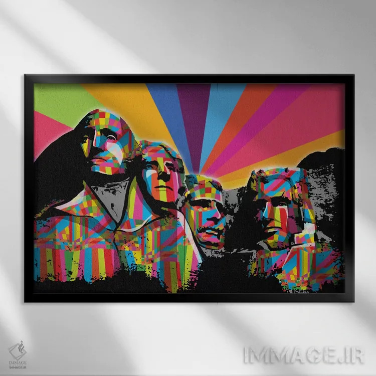 تابلو دکوراتیو پاپ سایکدلیک کوه راشمور اثر فایو بای فایو کالکتیو - نمای قابدار مشکی