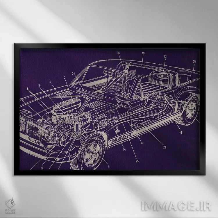 تابلو دکوراتیو نقشه های فنی جی تی اثر فایو بای فایو کالکتیو - نمای قابدار مشکی