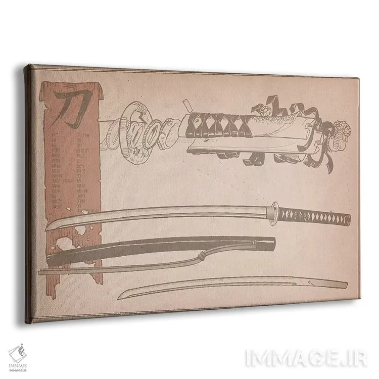 تابلو دکوراتیو نمودار شمشیر سامورایی با پرچم قرمز اثر فایو بای فایو کالکتیو - نمای پرسپکتیو محصول