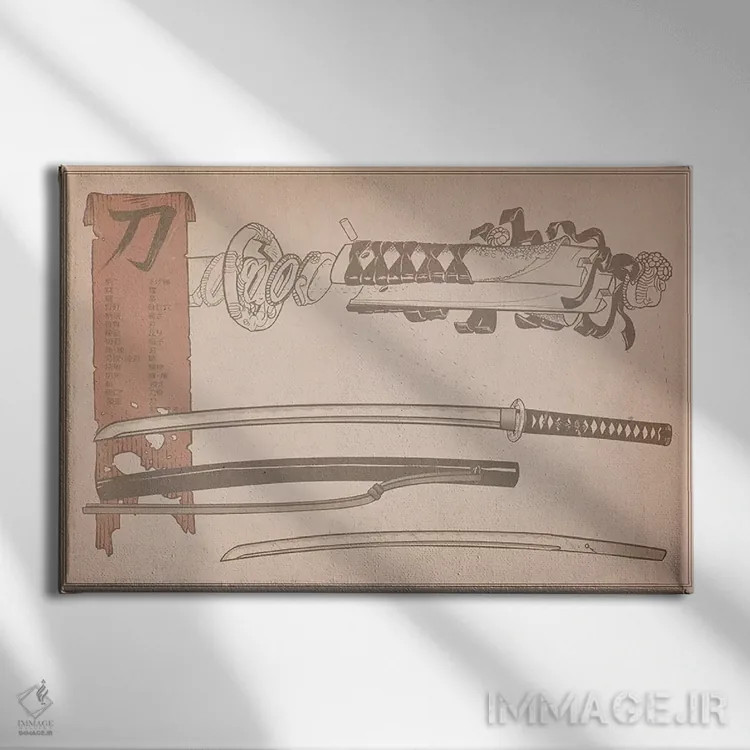 تابلو دکوراتیو نمودار شمشیر سامورایی با پرچم قرمز اثر فایو بای فایو کالکتیو - نمای روبهرو روی دیوار