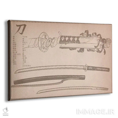 تابلو دکوراتیو نمودار شمشیر سامورایی با چرم قهوه ای روشن اثر فایو بای فایو کالکتیو - نمای پرسپکتیو محصول