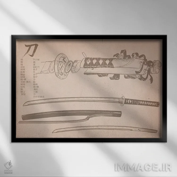 تابلو دکوراتیو نمودار شمشیر سامورایی با چرم قهوه ای روشن اثر فایو بای فایو کالکتیو - نمای قابدار مشکی
