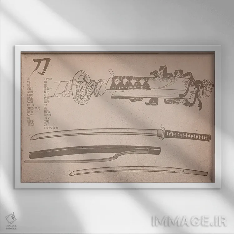 تابلو دکوراتیو نمودار شمشیر سامورایی با چرم قهوه ای روشن اثر فایو بای فایو کالکتیو - نمای قابدار سفید