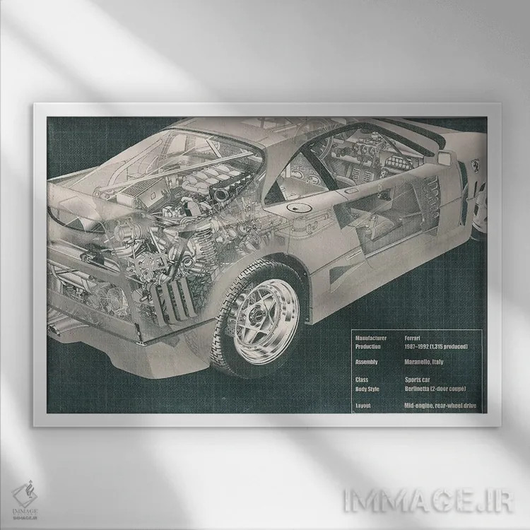 تابلو دکوراتیو نقشه فنی اشعه ایکس موتور و داخل خودرو شماره ۲ اثر فایو بای فایو کالکتیو - نمای قابدار سفید