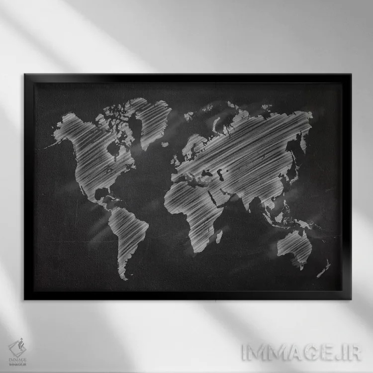 تابلو انتزاعی نقشه گچی جهان اثر فایو بای فایو کالکتیو - نمای قابدار مشکی