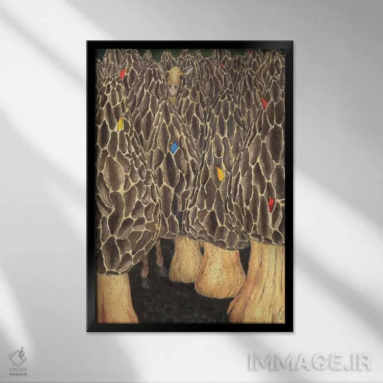 تابلو دکوراتیو مثل پیدا کردن زرافه ای در یک مزرعه قارچ موریل است اثر کترین جی مک الروی - نمای قابدار مشکی