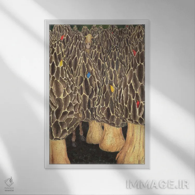 تابلو دکوراتیو مثل پیدا کردن زرافه ای در یک مزرعه قارچ موریل است اثر کترین جی مک الروی - نمای قابدار سفید